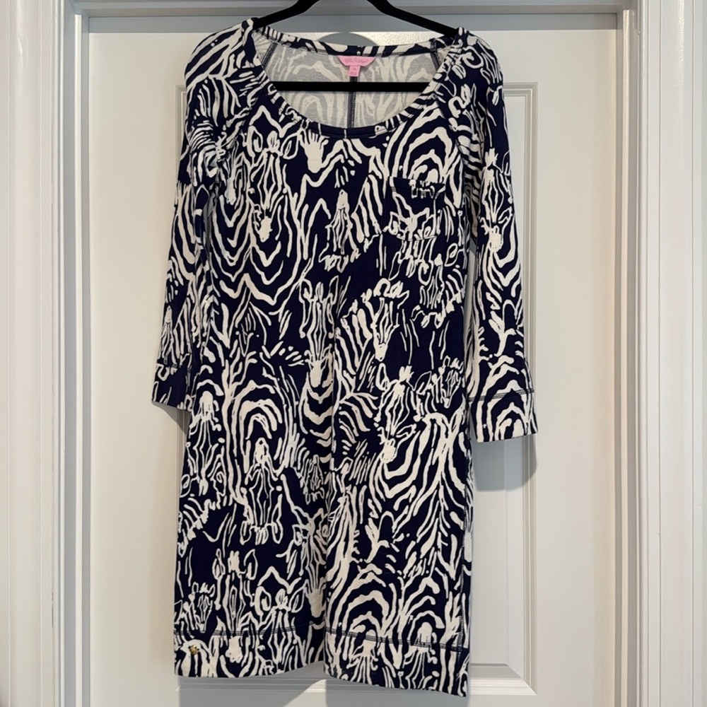 LILLY PULITZER Preston Blue White Zepra 3/4 long sleeve cozy Cotton Dress